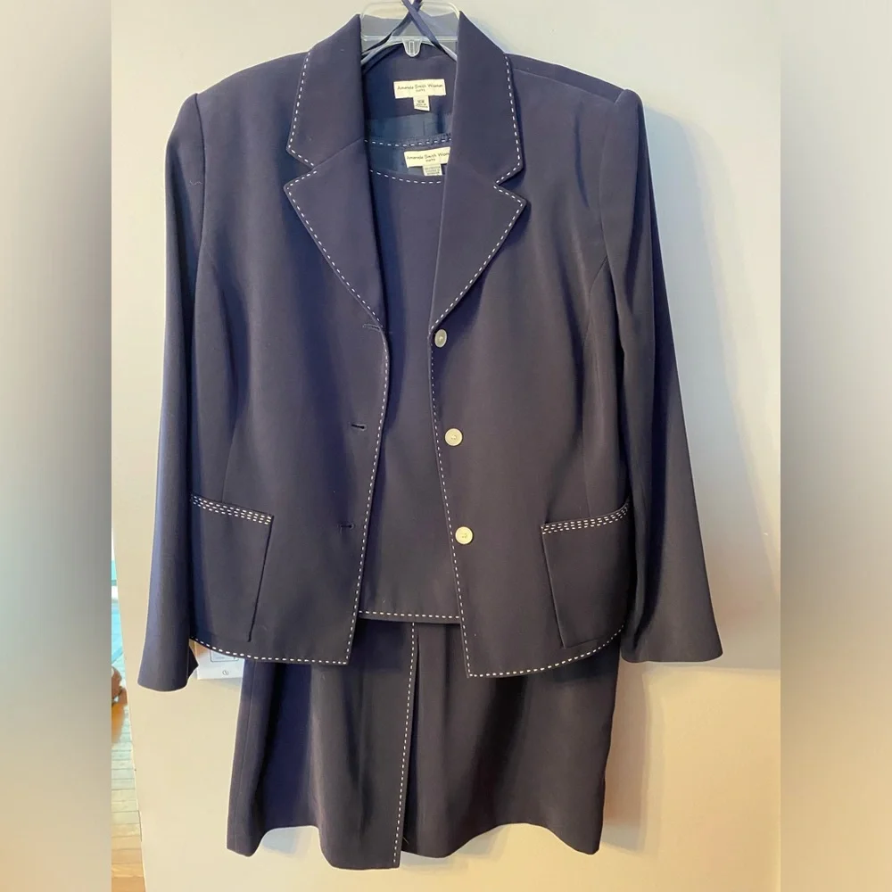 Amanda Smith Navy Blazer and Skirt Set with White Contrast Stitching